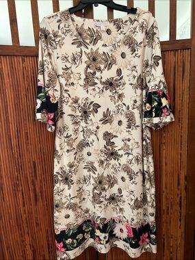 Charter Club Cream Floral Midi Dress with Black Floral Borders